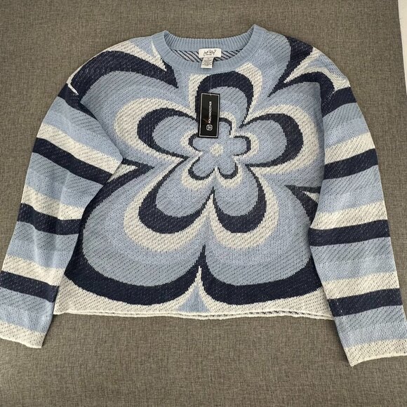 NEW! Just Polly‎ Knit Sweater Blue & White $49  Plus 3X Stripes Abstract Flower - Picture 2 of 12